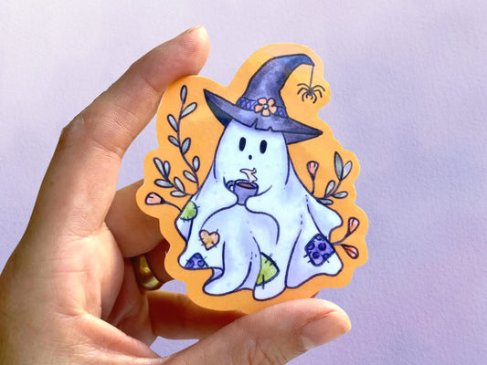 Cute Witch Ghost Coffee Sticker | Fall Witchy Spooky Vinyl Sticker | Halloween Stickers - Debra Marie Art