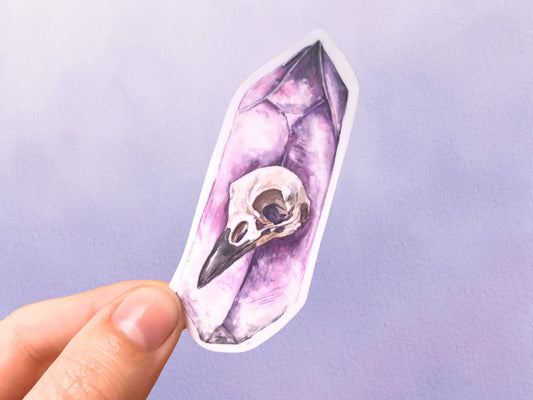 Crow Raven Bird Skull Amethyst Crystal Sticker | Witchy Sticker - Debra Marie Art