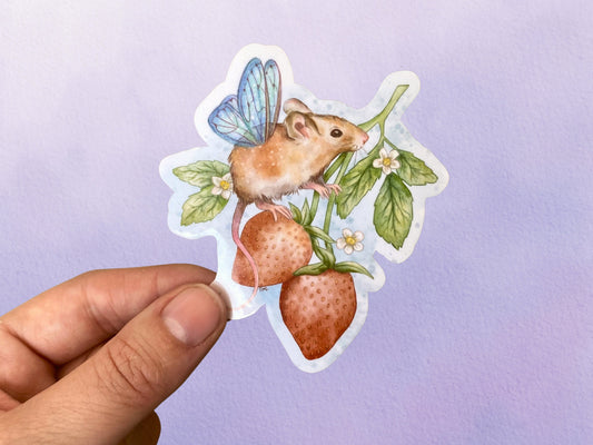 Strawberry Mouse Garden Sticker | Cottagecore Fantasy Animal Sticker |  Spring Nature Vinyl Sticker - Debra Marie Art