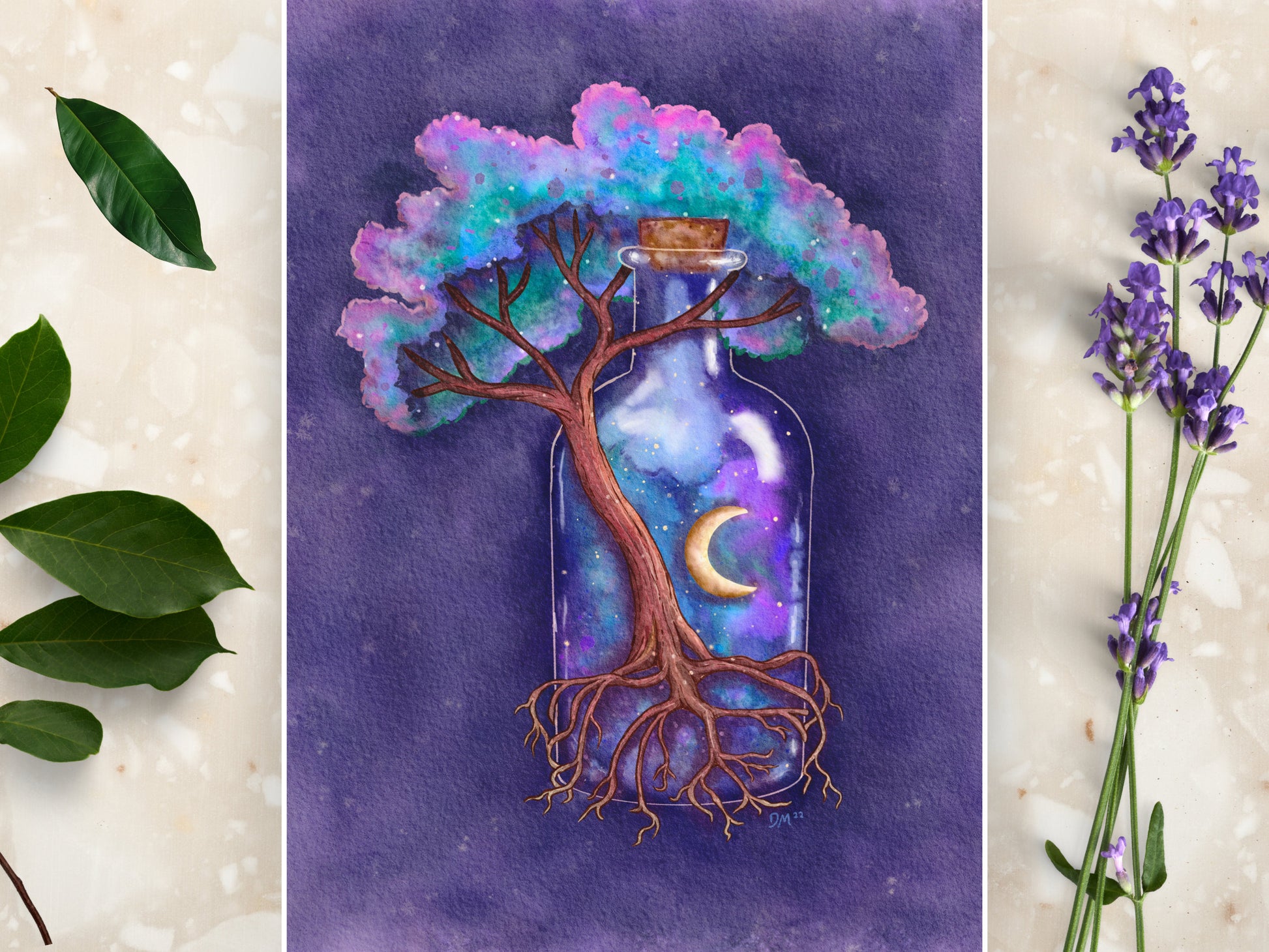 Fantasy Tree Bottle Art Print |  Enchanted Magic Forest Nature Wall Art Decor | Galaxy Celestial Moon Home Decor - Debra Marie Art