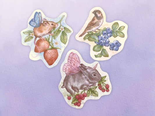 Watercolor Berry Cottagecore Animal Sticker Set | Spring Garden Animal Stickers - Debra Marie Art