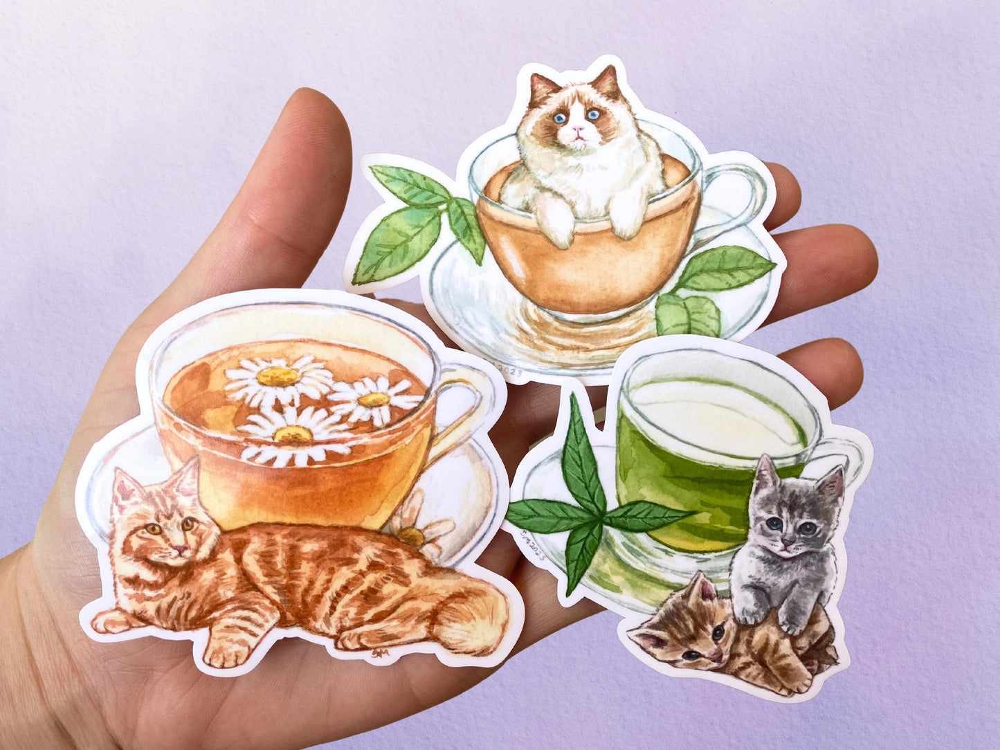 Tea Cat Vinyl Sticker Set | Cute Animal Stickers for Water Bottle | Cat Lover Gift - Debra Marie Art