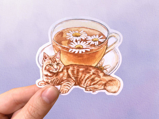 Cute Chamomile Orange Cat Tea Sticker | Cottagecore Animal Sticker | Teacup Vinyl Sticker - Debra Marie Art