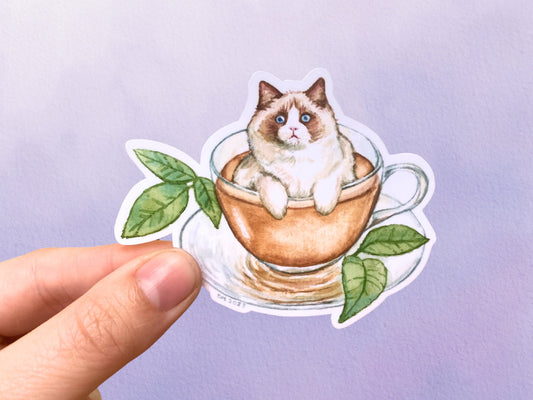 Cute Cat Teacup Vinyl Sticker | Cottagecore Animal Lover Sticker |  Kitty Tea Gift - Debra Marie Art