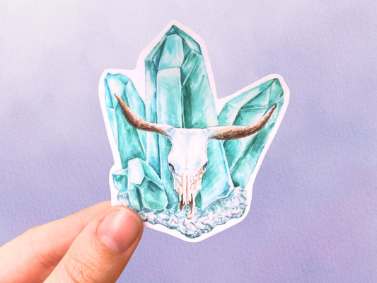 Cow Animal Skull Sticker | Blue Aura Quartz Crystal Witchy Sticker - Debra Marie Art