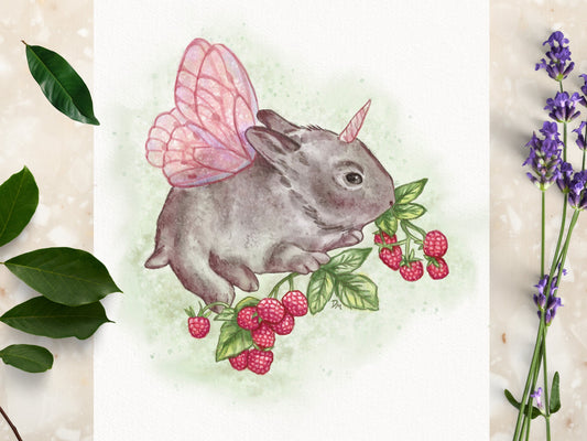 Rabbit Berries Art Print | Cute Animal Wall Art Decor | Cottagecore Home Decor - Debra Marie Art