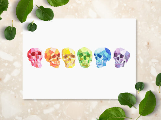 Rainbow Geometric Skulls Print | Witchy Human Skull Wall Art | Pastel Halloween Home Decor - Debra Marie Art