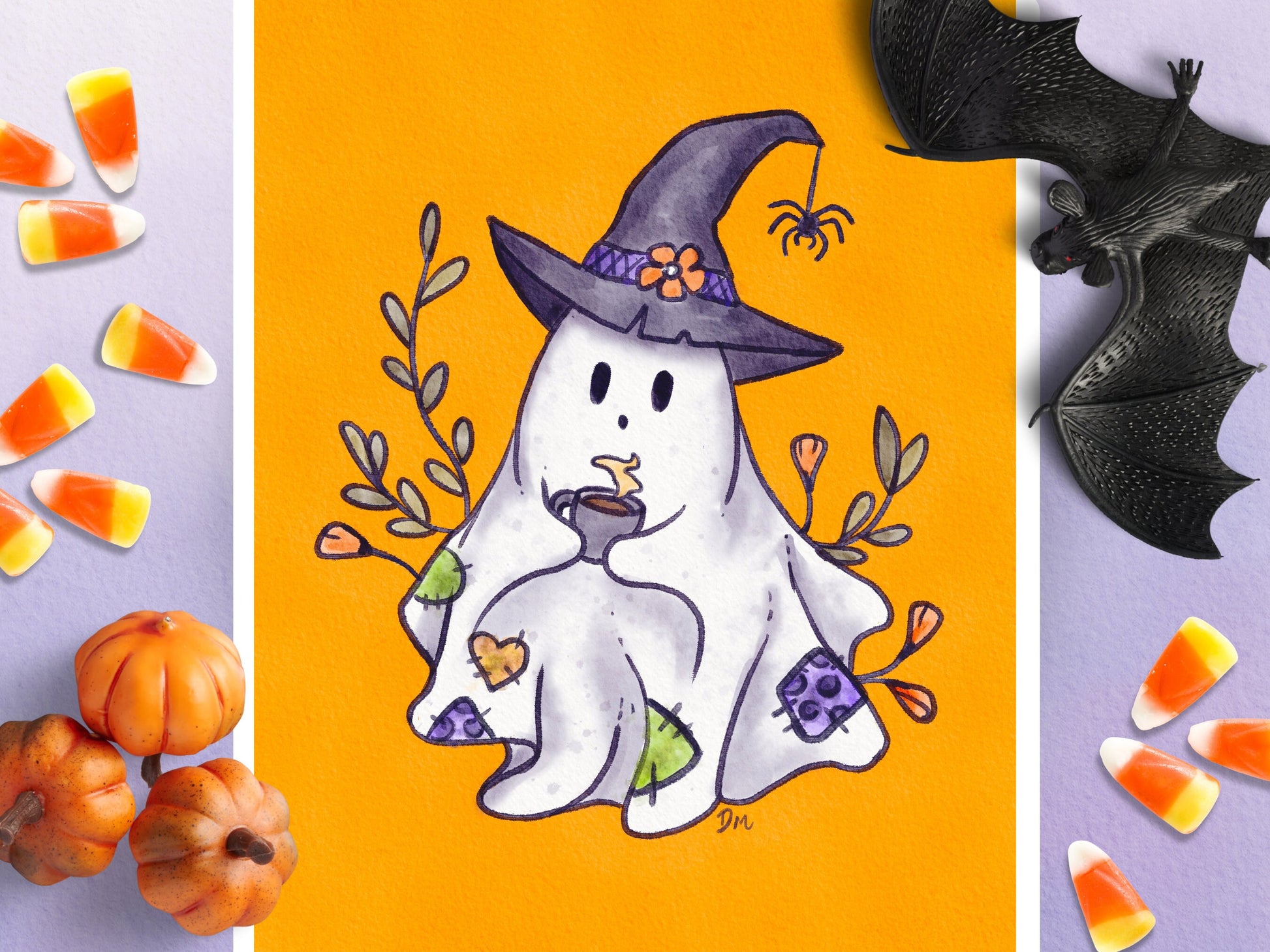 Cute Spooky Ghost Coffee Art Print | Halloween Witchy Wall Art Decor |  Witch Hat Fall Art - Debra Marie Art