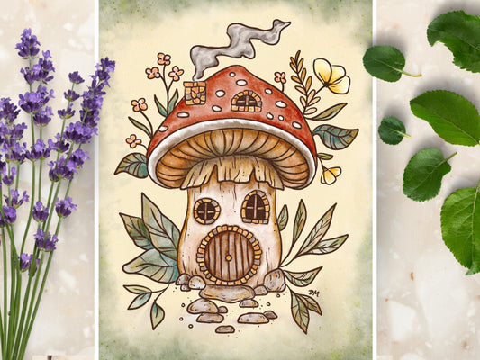 Mushroom House Art Print | Woodland Fairycore Art Room Decor | Fantasy Cottagecore Decor Wall - Debra Marie Art