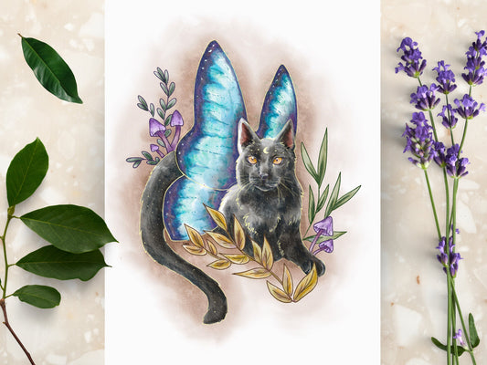 Fairy Black Cat Art Print | Whimsigoth Woodland Fairycore Art Room Decor | Fantasy Cottagecore Decor Wall - Debra Marie Art