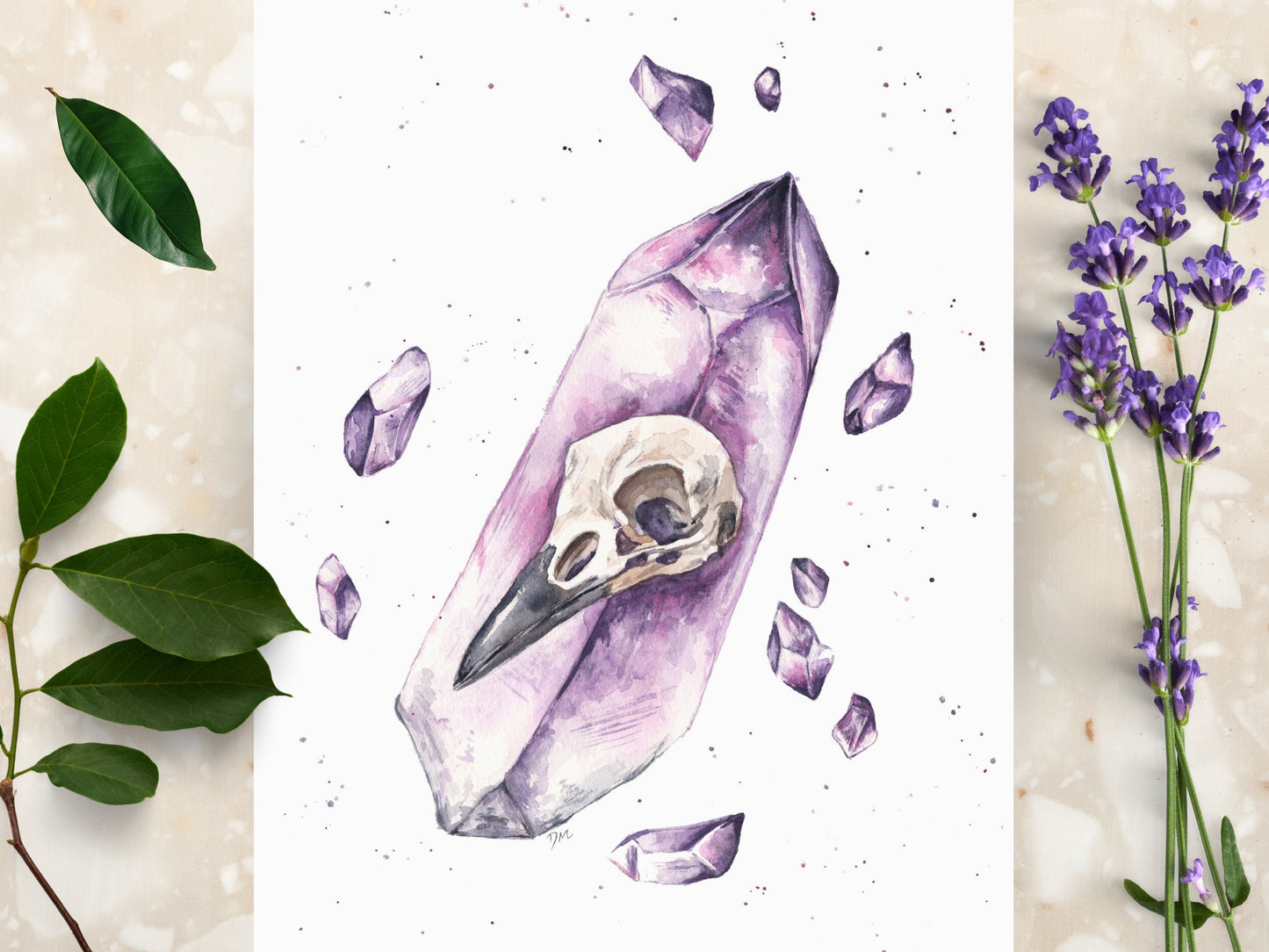 Amethyst Crow Skull Art Print | Witchy Magical Animal Art Print | Watercolor Crystal Art Skull Decor - Debra Marie Art