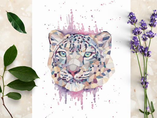 Snow Leopard Nature Art Print | Watercolor Geometric Animal Wall Decor | Animal Lover Gift - Debra Marie Art