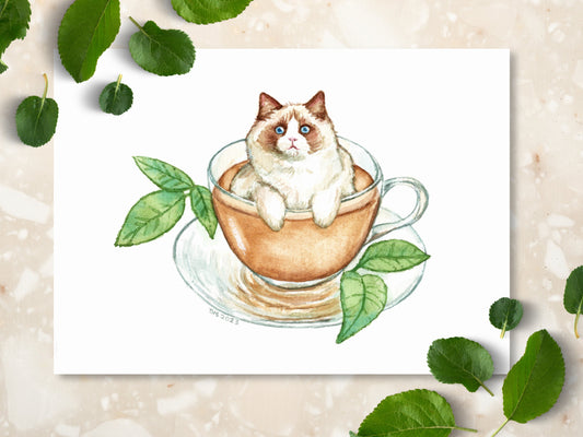 Cat Tea Art Print | Cute Animal Wall Art Decor | Cottagecore Teacup Home Decor - Debra Marie Art