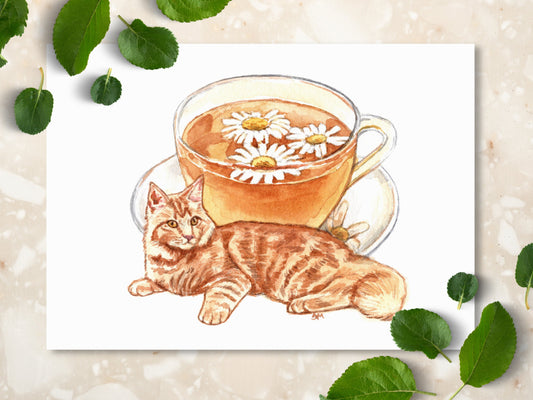 Chamomile Cat Tea Art Print | Cute Animal Wall Art Decor | Cottagecore Teacup Home Decor - Debra Marie Art