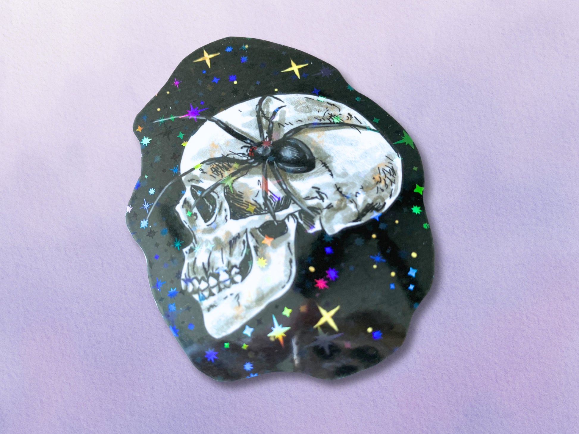 Holographic Halloween Spider Skull Sticker | Whimsigoth Fall Witchy Vinyl Stickers | Spooky Gothic Sticker for Water Bottle - Debra Marie Art