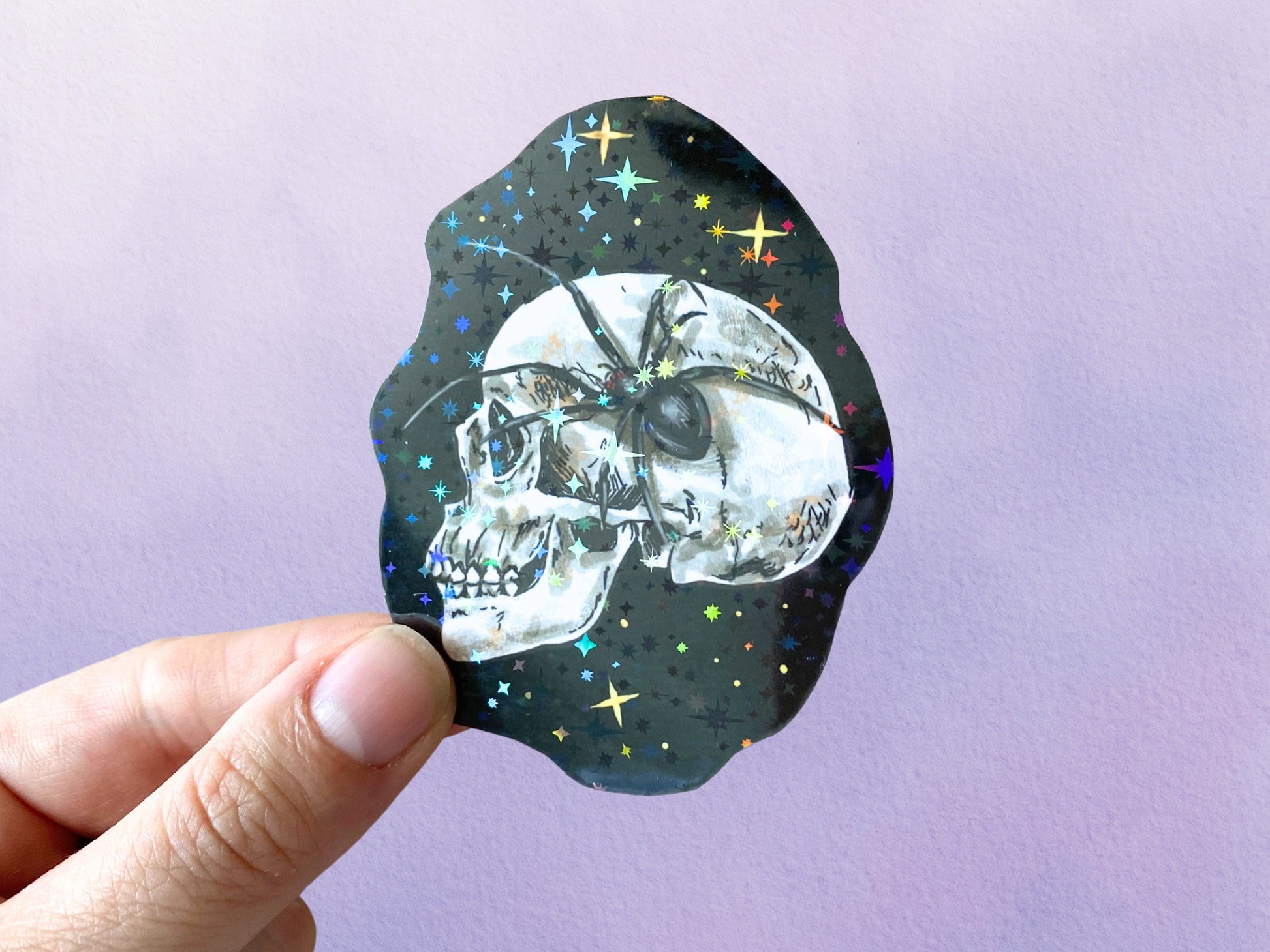 Holographic Halloween Spider Skull Sticker | Whimsigoth Fall Witchy Vinyl Stickers | Spooky Gothic Sticker for Water Bottle - Debra Marie Art