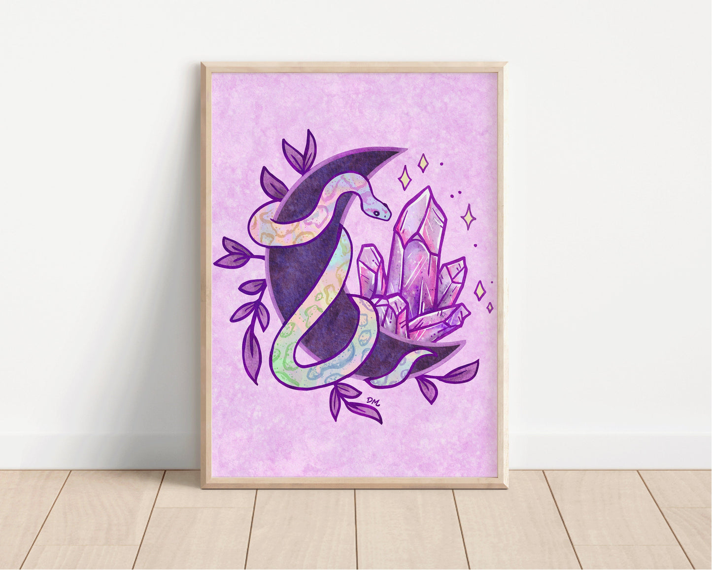 Witchy Snake Crystal Art Print | Pastel Goth Wall Art | Celestial Moon Animal Home Decor - Debra Marie Art