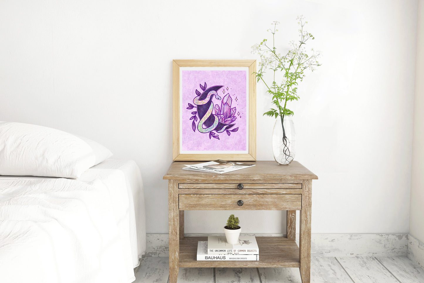 Witchy Snake Crystal Art Print | Pastel Goth Wall Art | Celestial Moon Animal Home Decor - Debra Marie Art