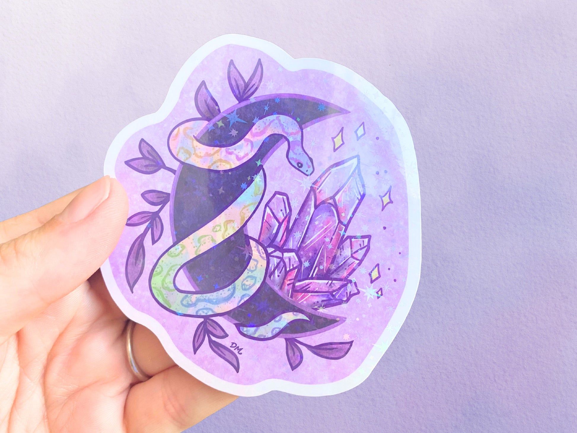 Holographic Snake Crystal Sticker | Pastel Witchy Moon Vinyl Sticker | Cute Goth Sticker For Water Bottle - Debra Marie Art