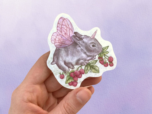 Raspberry Bunny Garden Sticker | Cottagecore Rabbit Fantasy Animal Sticker |  Fairy Vinyl Sticker - Debra Marie Art