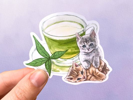 Cute Cat Kitten Green Tea Sticker | Cottagecore Animal Lover Stickers |  Teacup Vinyl Art Gift - Debra Marie Art