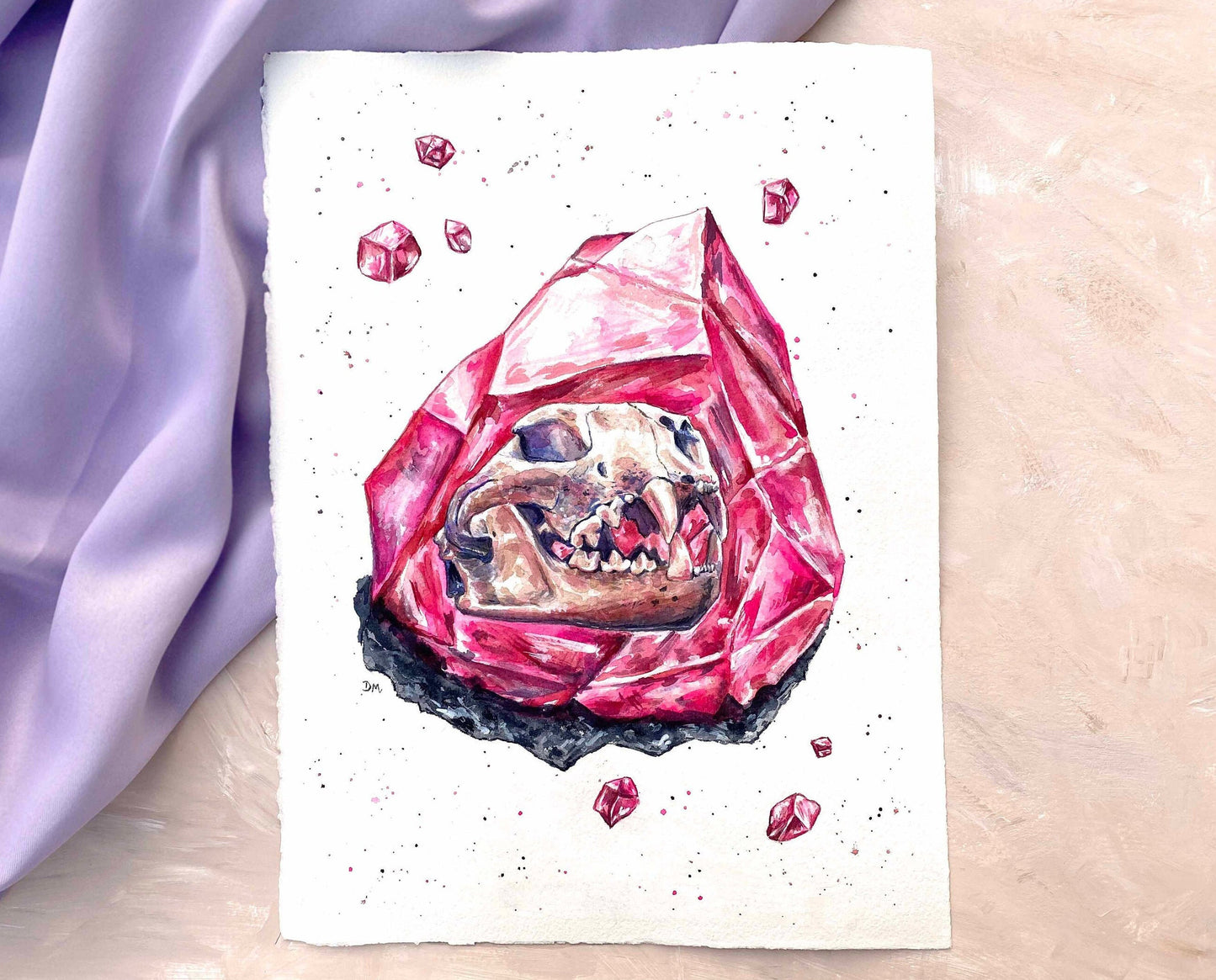 Cat Skull Painting, Watercolor Gems, Skull Gifts, Hot Pink Decor, Crystal Wall Art, Animal Skull, Crystal Painting, Goth Wall Art - Debra Marie Art