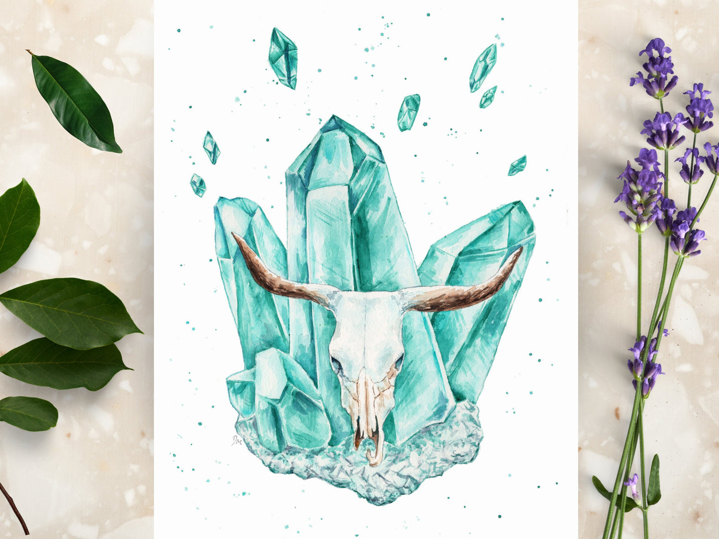 Blue Cow Skull Art Print | Witchy Pagan Crystal Art | Animal Skull Wall Decor - Debra Marie Art