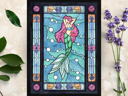 Mermaid Stained Glass Print | Beach Art Bathroom Home Decor | Ocean Wall Decor - Debra Marie Art