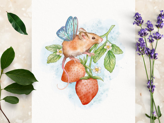 Strawberry Mouse Garden Art Print | Cute Animal Wall Art Decor | Cottagecore Home Decor - Debra Marie Art