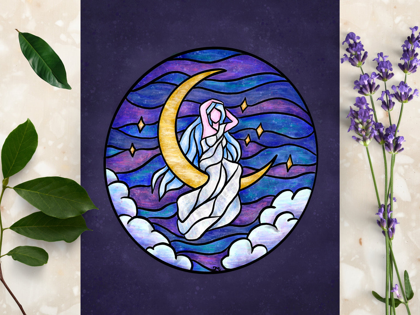 Stained Glass Style Moon Goddess Art Print Wall Decor | Witchy Whimsigoth Wall Art | - Debra Marie Art