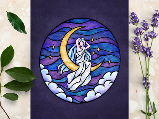 Stained Glass Style Moon Goddess Art Print Wall Decor | Witchy Whimsigoth Wall Art | - Debra Marie Art