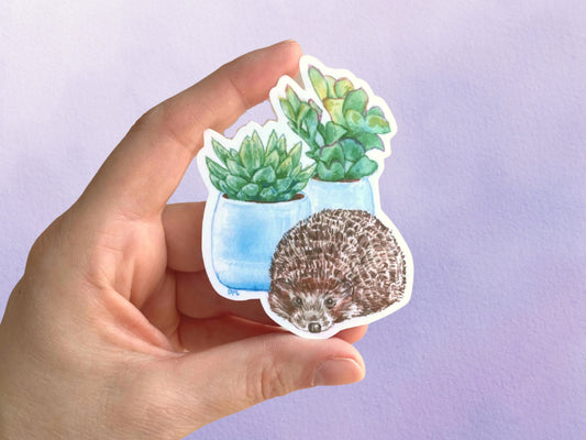 Hedgehog Plant Sticker | Cottagecore Animal Sticker |  Cute Woodland Vinyl Sticker - Debra Marie Art