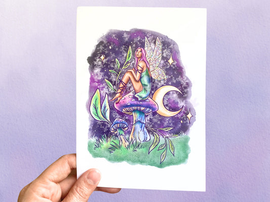 Holographic Mushroom Fairy Art Print | Woodland Fairycore Art Room Decor | Fantasy Cottagecore Decor Wall - Debra Marie Art