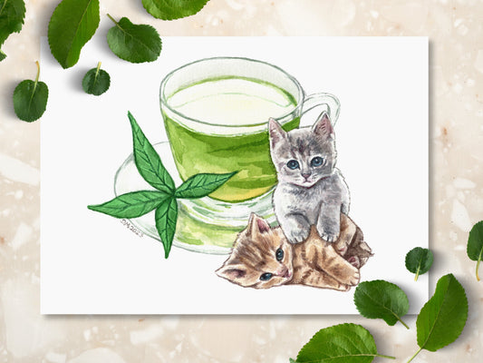 Cat Kitten Green Tea Art Print | Cute Animal Wall Art Decor | Cottagecore Teacup Home Decor - Debra Marie Art