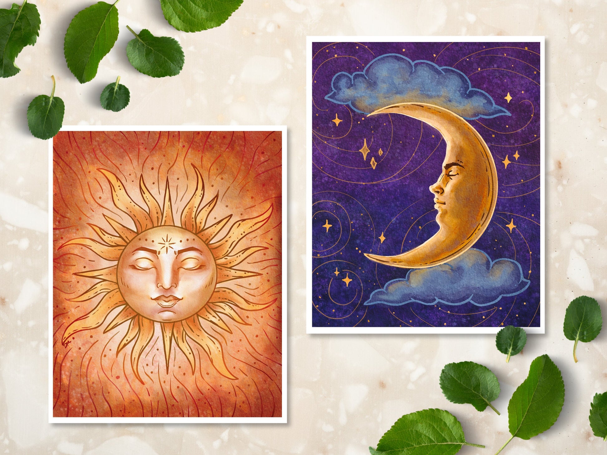 Sun and Moon Art Print Set | Witchy Spiritual Decor | Celestial Set of 2 Art Prints - Debra Marie Art