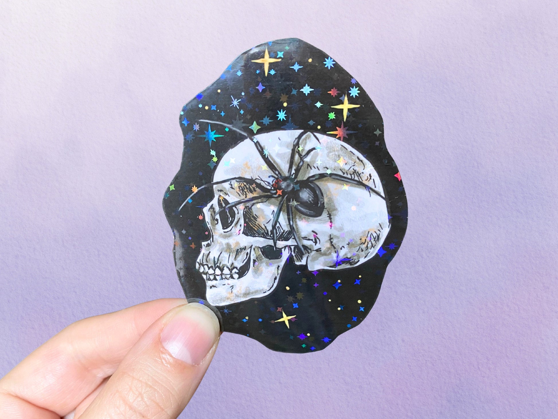 Holographic Halloween Spider Skull Sticker | Whimsigoth Fall Witchy Vinyl Stickers | Spooky Gothic Sticker for Water Bottle - Debra Marie Art