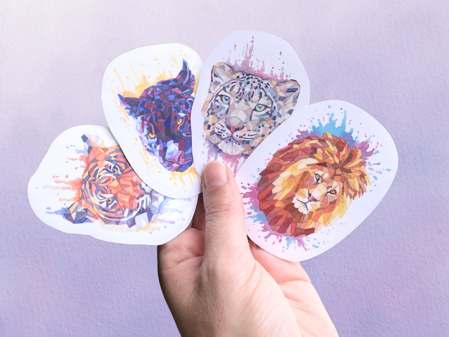 Big Cat Sticker Set | Geometric Watercolor Animal Vinyl Stickers | Tiger Lion Jaguar Leopard - Debra Marie Art