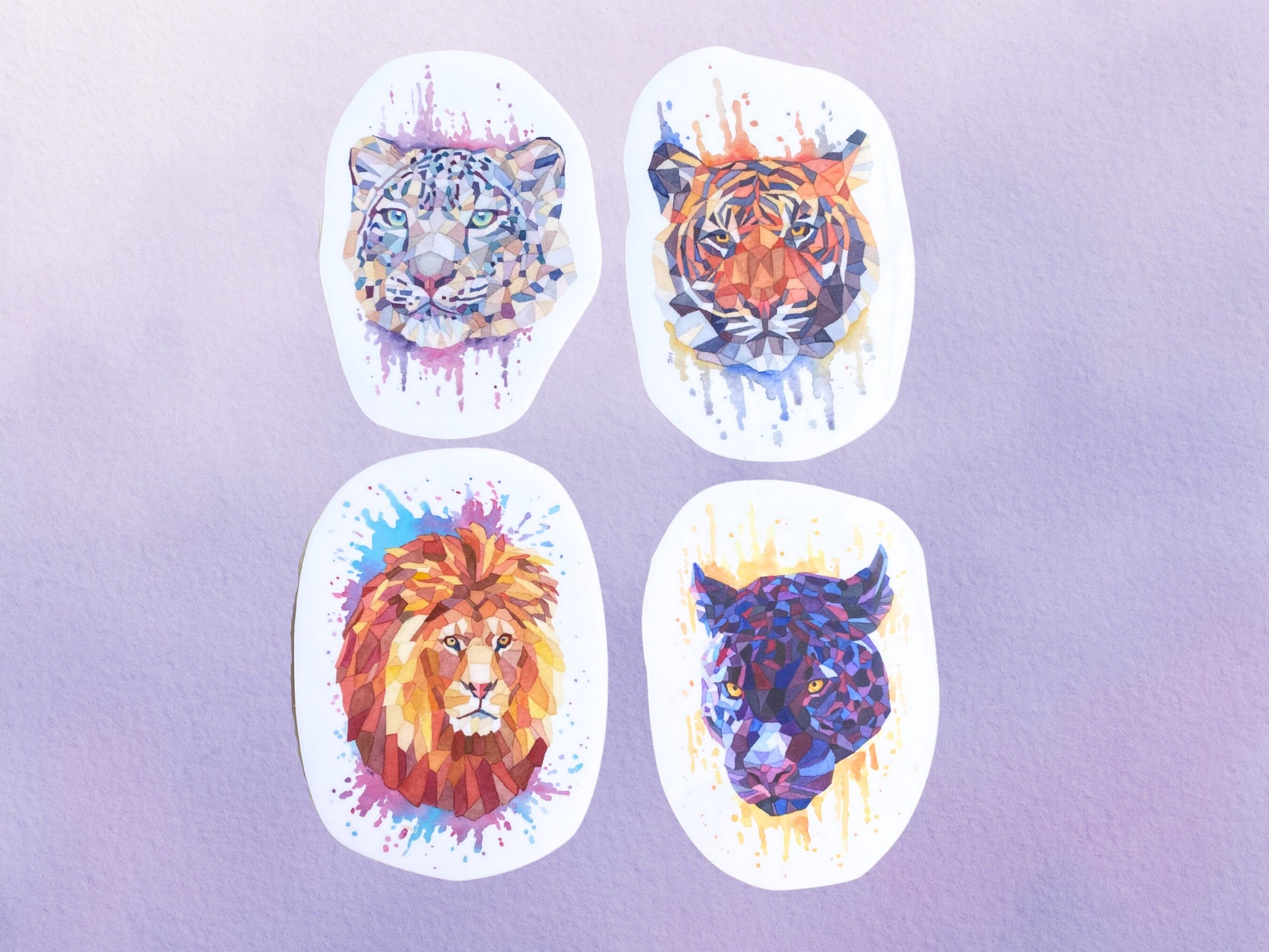 Big Cat Sticker Set | Geometric Watercolor Animal Vinyl Stickers | Tiger Lion Jaguar Leopard - Debra Marie Art