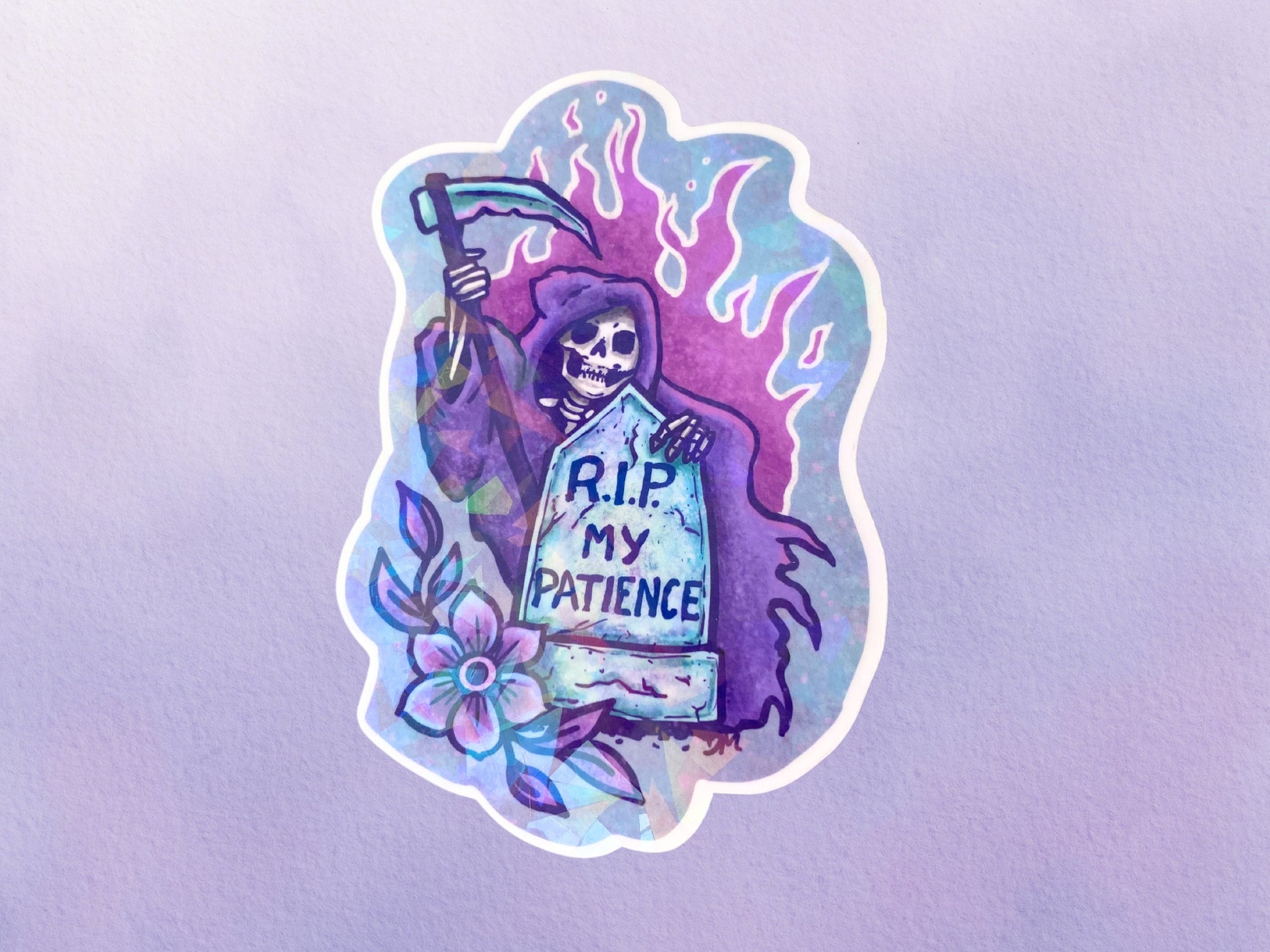 Holographic Grim Reaper Gravestone Sticker | Pastel Halloween Vinyl Sticker | RIP Spooky Sticker For Water Bottle - Debra Marie Art