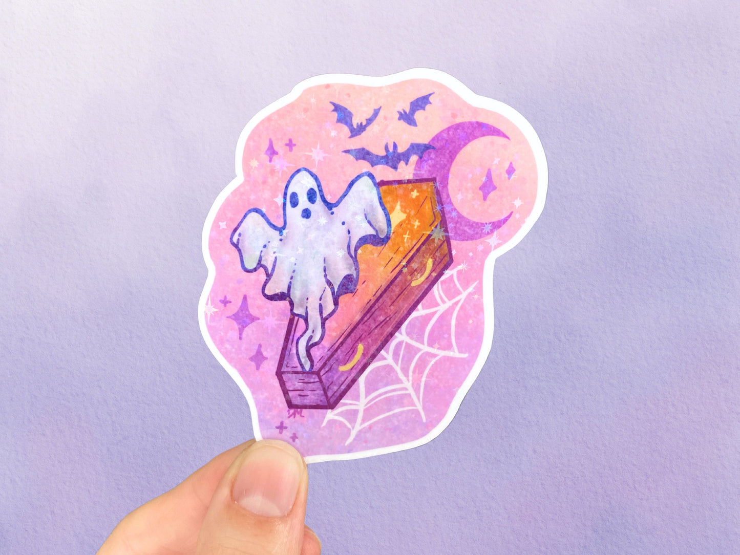 Holographic Ghost Coffin Sticker | Pastel Halloween Moon Vinyl Sticker | Cute Goth Sticker For Water Bottle - Debra Marie Art