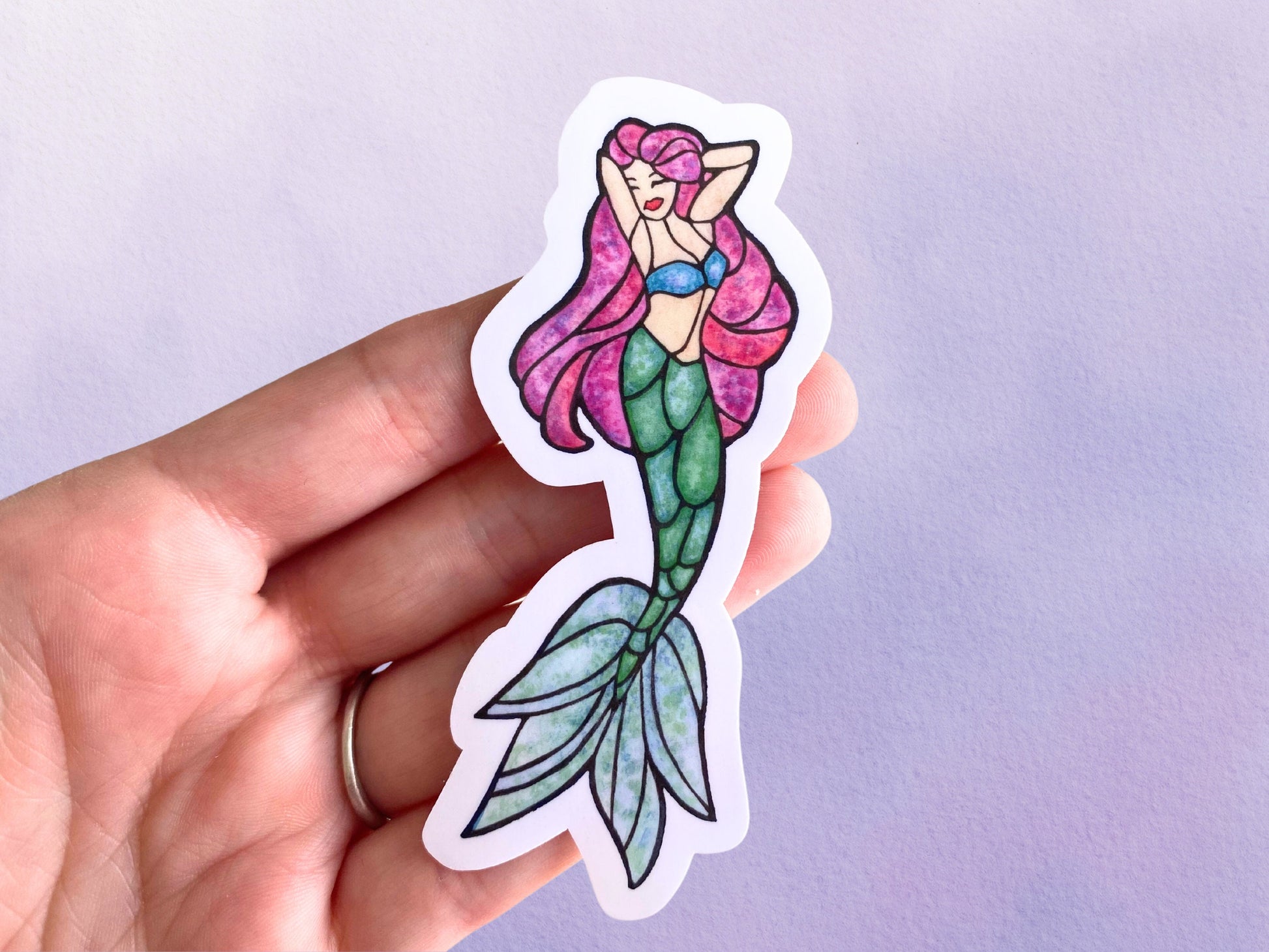 Whimsical Mermaid Art Sticker | Fantasy Stained Glass Vinyl Sticker | Ocean Sticker Gift for Women - Debra Marie Art