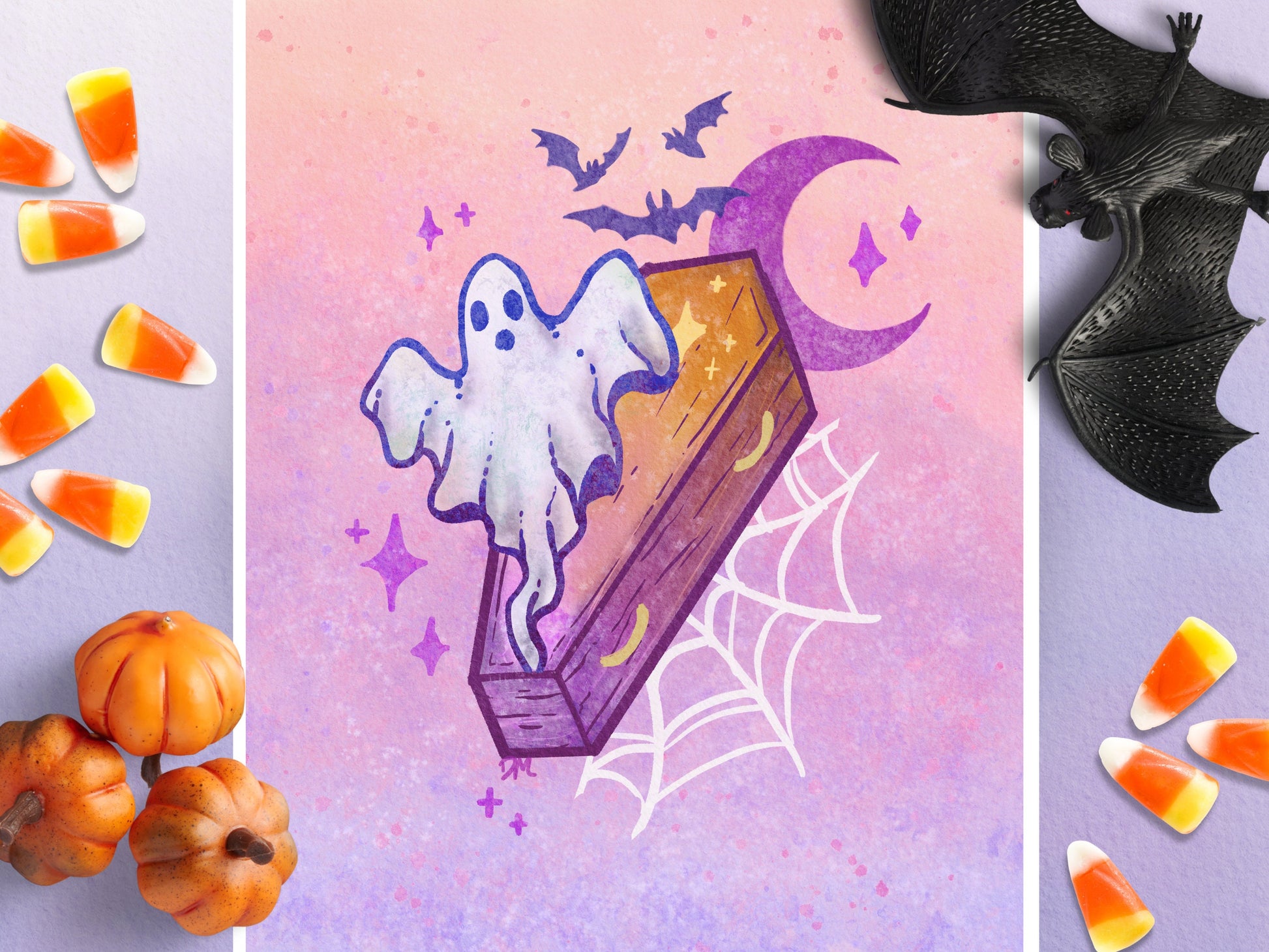 Witchy Ghost Coffin Art Print | Pastel Moon Wall Art | Spooky Halloween Home Decor - Debra Marie Art