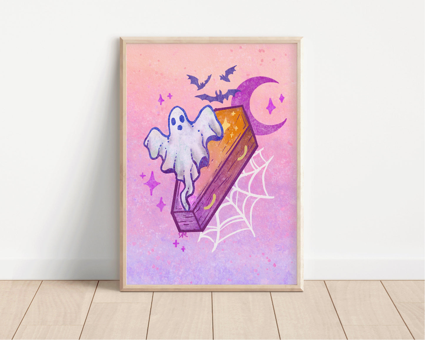 Witchy Ghost Coffin Art Print | Pastel Moon Wall Art | Spooky Halloween Home Decor - Debra Marie Art