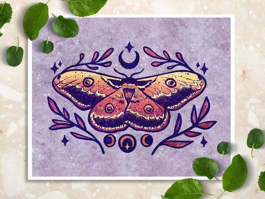 Witchy Moth Moon Art Print | Insect Nature Wall Art | Cottagecore Animal Home Decor - Debra Marie Art