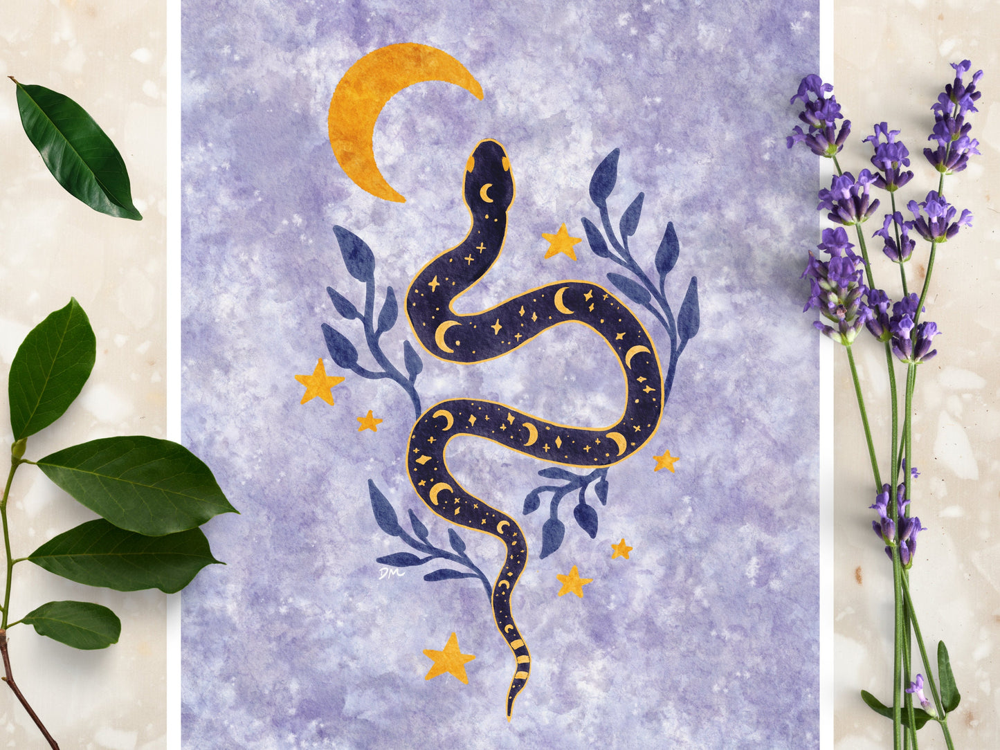 Witchy Snake Moon Art Print | Nature Wall Art | Celestial Animal Home Decor - Debra Marie Art