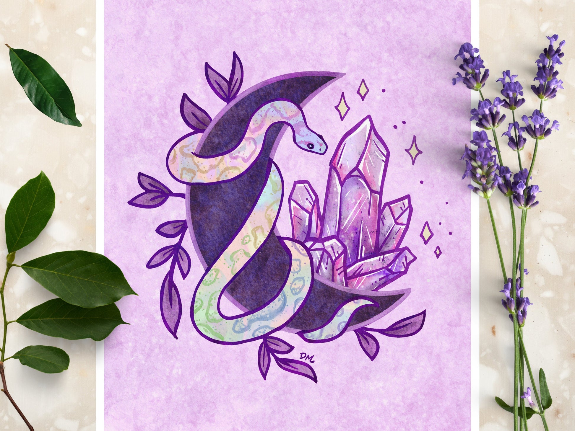 Witchy Snake Crystal Art Print | Pastel Goth Wall Art | Celestial Moon Animal Home Decor - Debra Marie Art