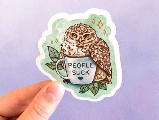 Owl Coffee People Suck Sticker | Sarcastic Bird Adult Funny Animal Sticker | Nature Vinyl Sticker - Debra Marie Art