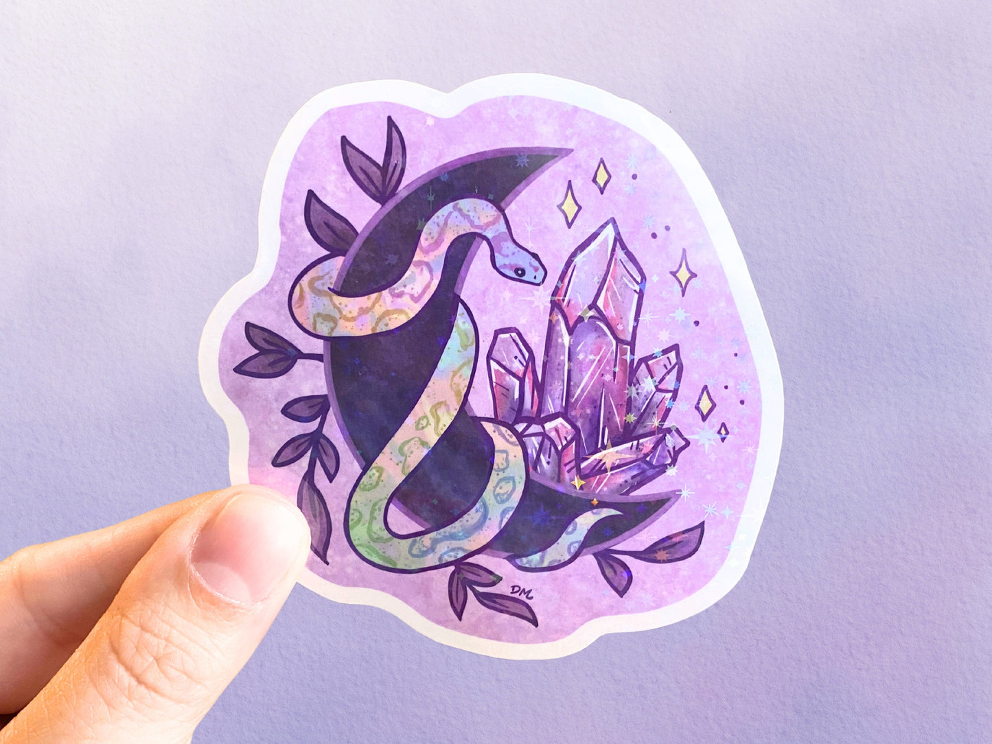 Holographic Snake Crystal Sticker | Pastel Witchy Moon Vinyl Sticker | Cute Goth Sticker For Water Bottle - Debra Marie Art