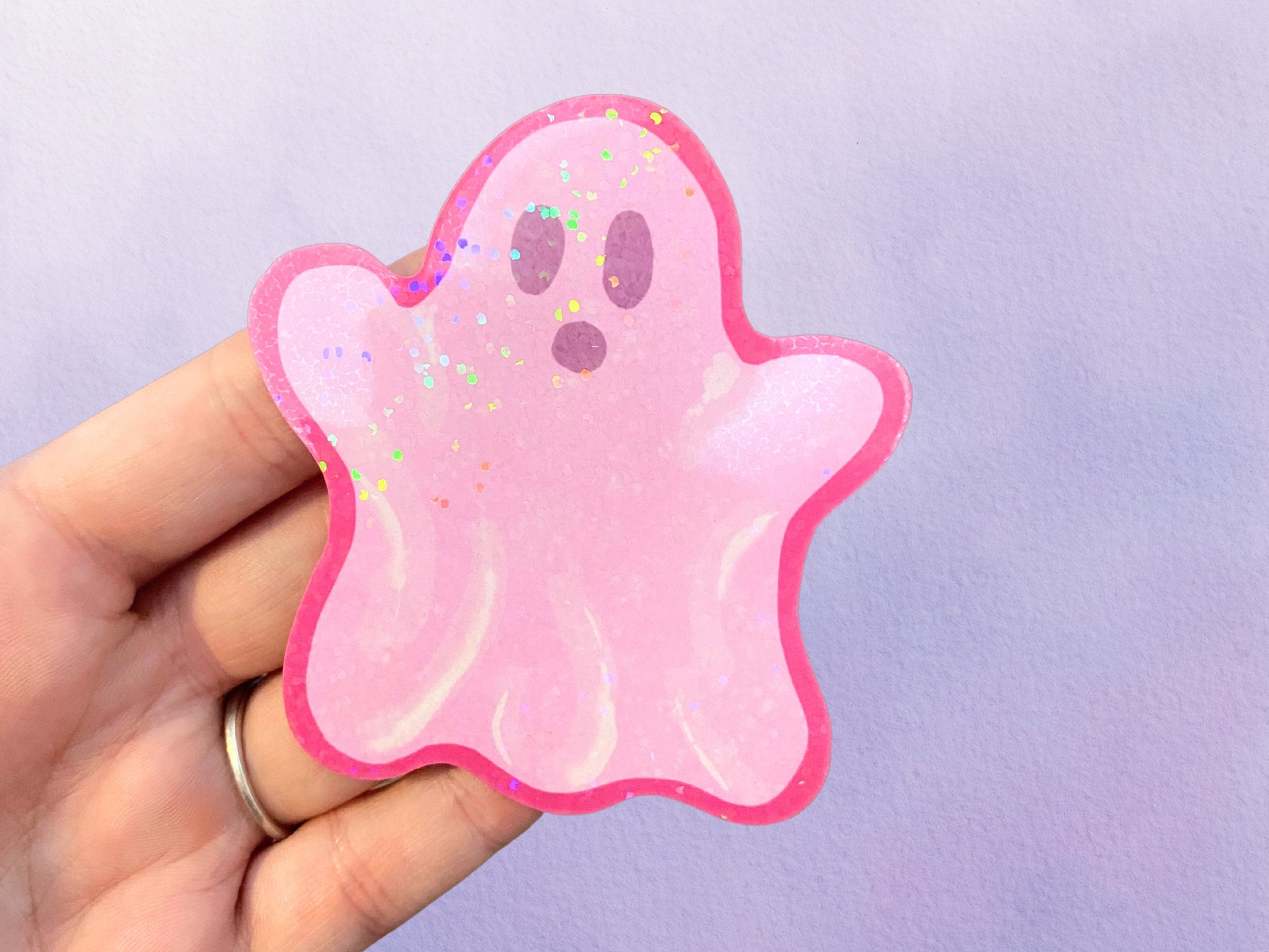 Holographic Pink Pastel Ghost Sticker | Cute Halloween Vinyl Sticker | Spooky Sticker For Water Bottle - Debra Marie Art