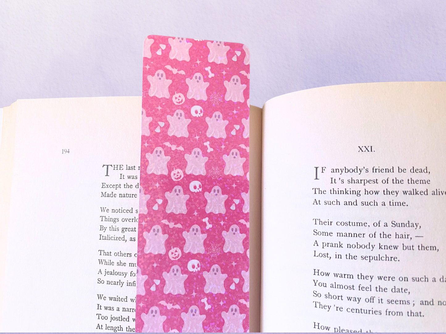 Holographic Pastel Halloween Bookmark | Cute Ghost Bookish Gift | Laminated Pink Bookworm Spooky Gifts for Women - Debra Marie Art